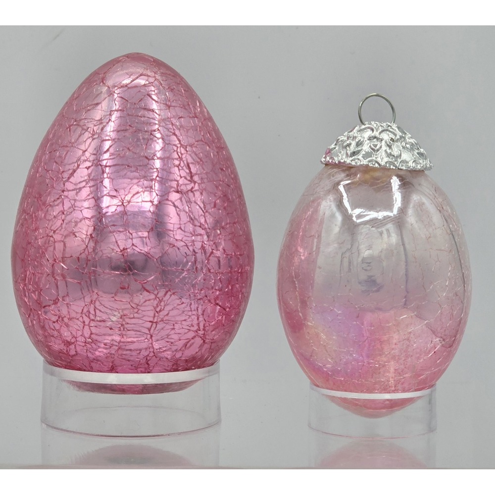2 Lot Of Vintage Pink‎ Crackle Glass Christmas Ornaments
